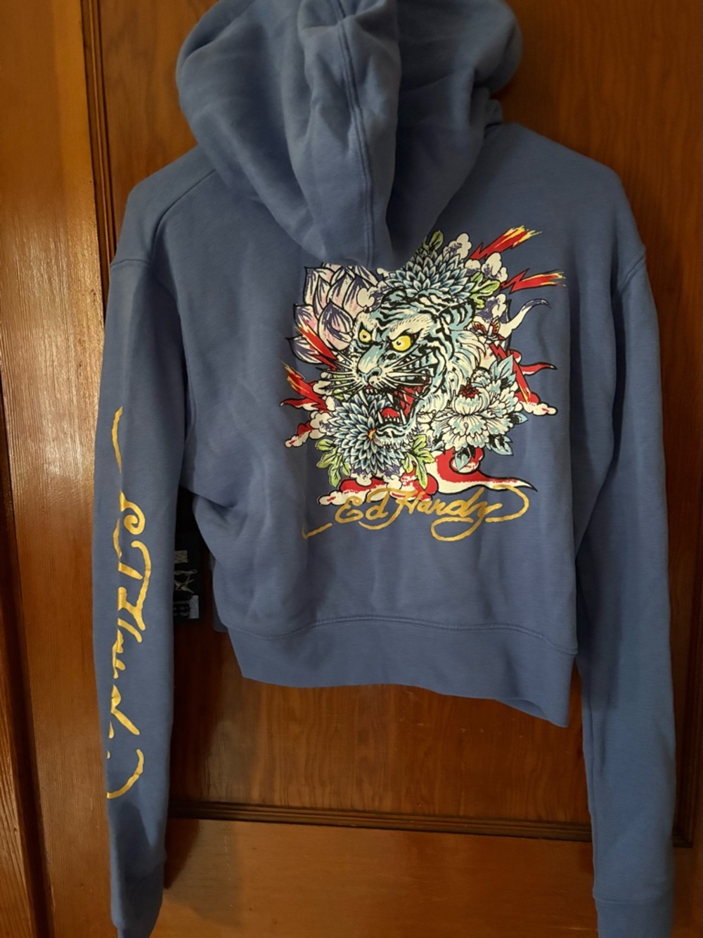 Ed Hardy Lavender Blue Hoodie with Multicolor Tiger Graphic